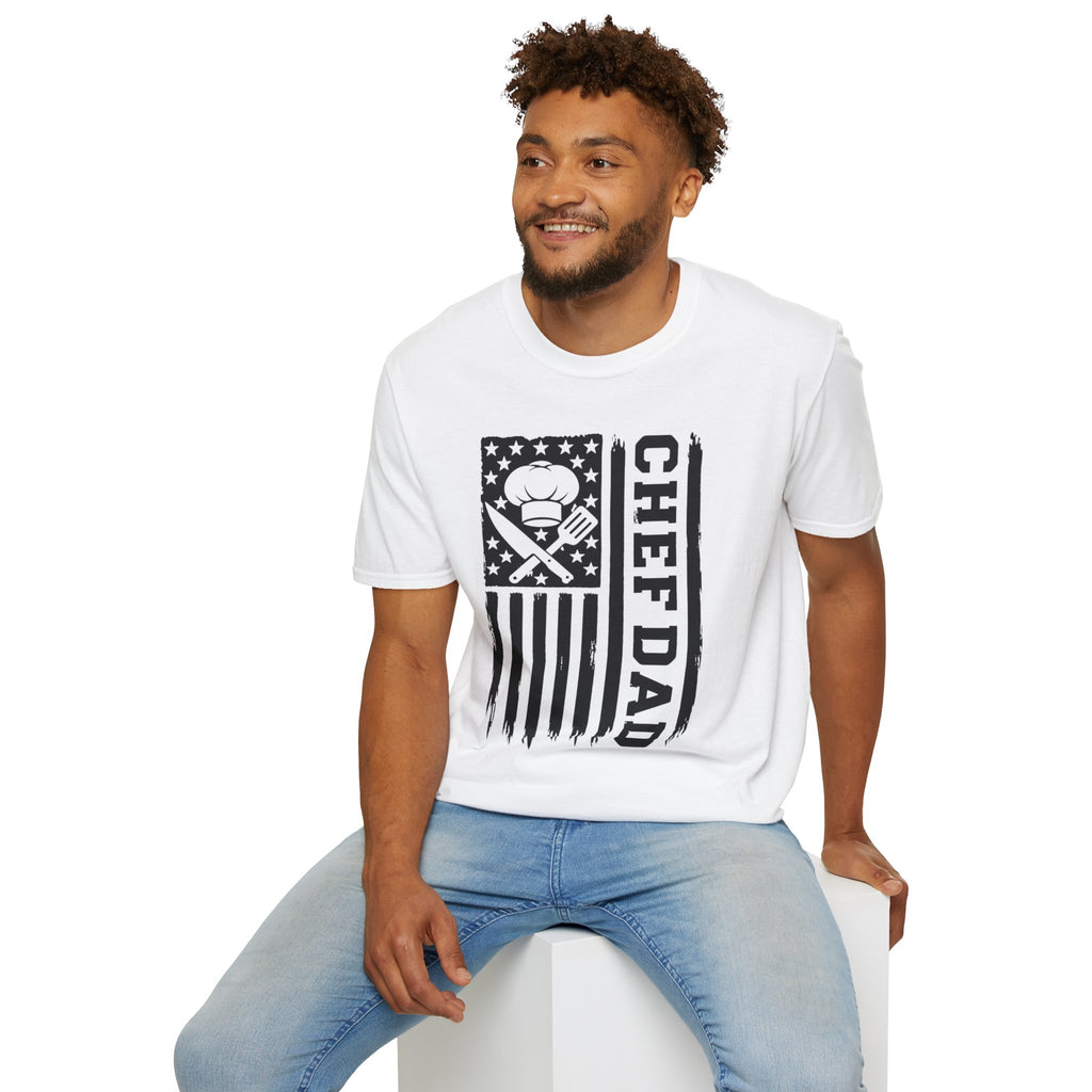 Man wearing a white t-shirt with American flag and text 'CHEF DAD' design.