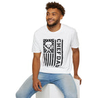 Man wearing a white t-shirt with American flag and text 'CHEF DAD' design.
