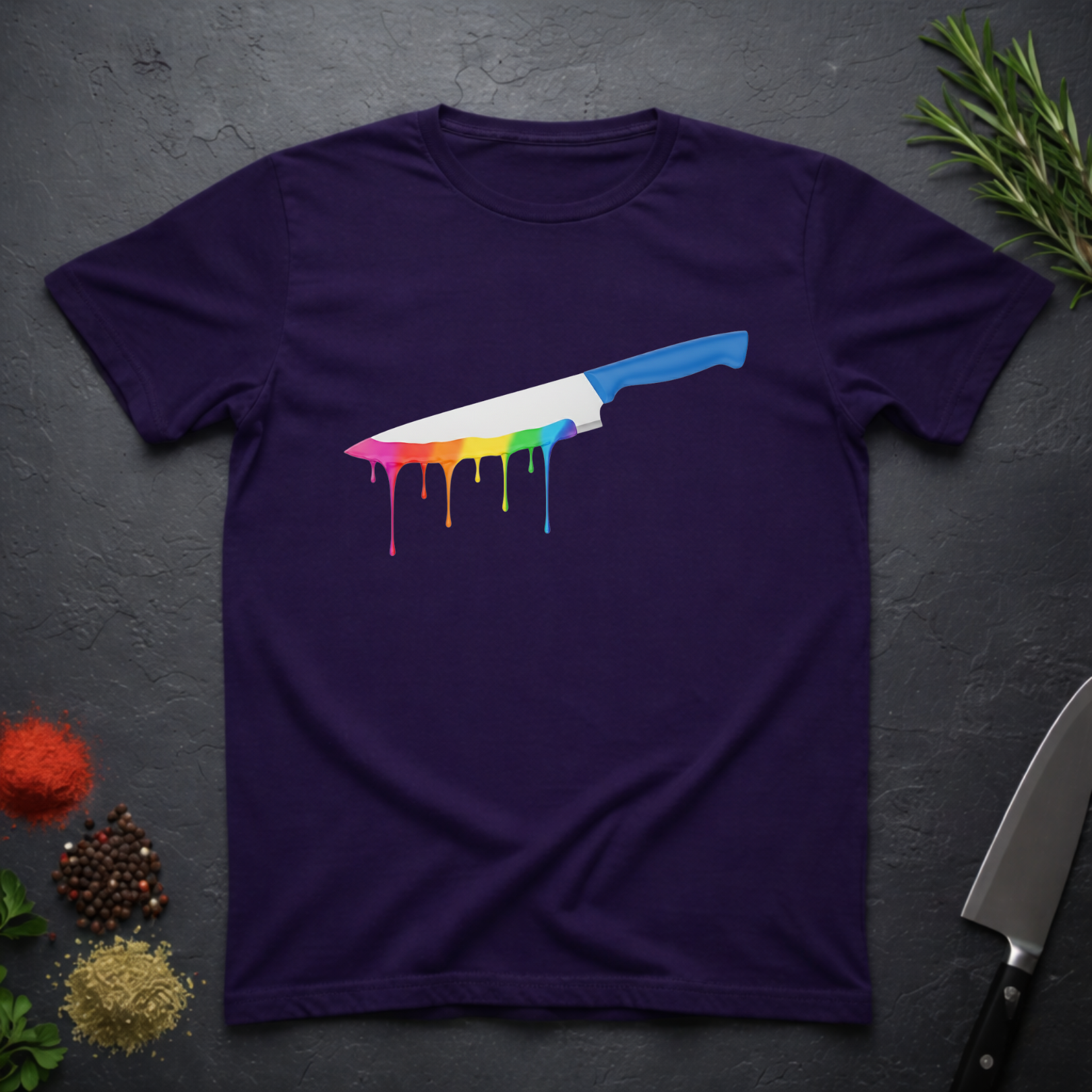 Amethyst purple t-shirt with a chef's knife with rainbow colored drip design on a dark surface.
