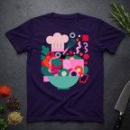 Dark Purple t-shirt with colorful modern abstract kitchen-themed graphic on a dark surface.