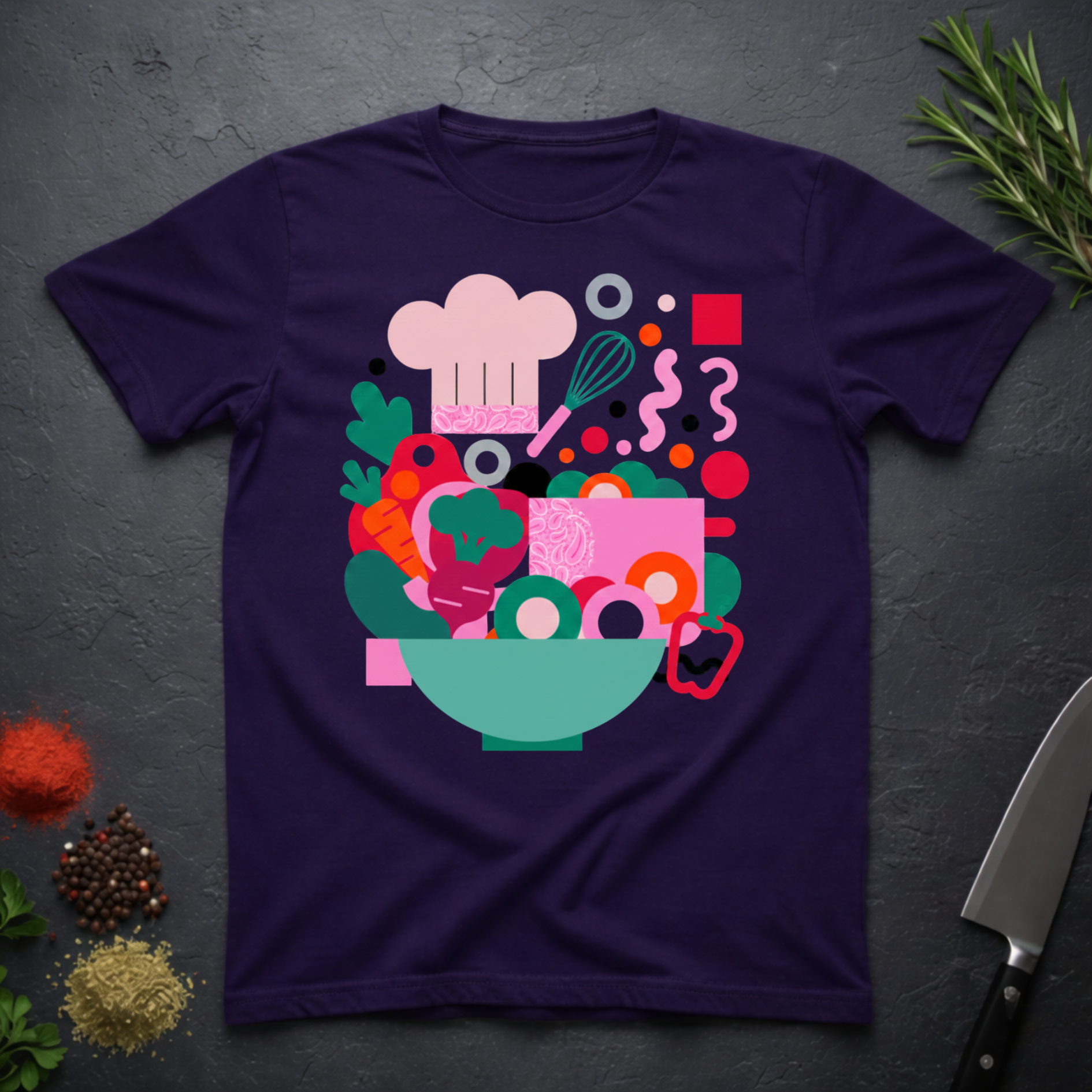 Dark Purple t-shirt with colorful modern abstract kitchen-themed graphic on a dark surface.