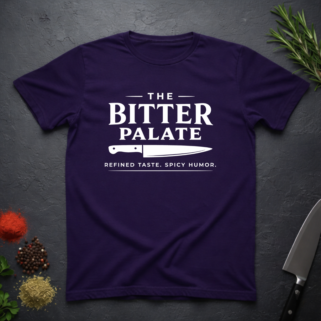 Deep purple t-shirt with 'The Bitter Palate' logo on a dark surface with kitchen items.