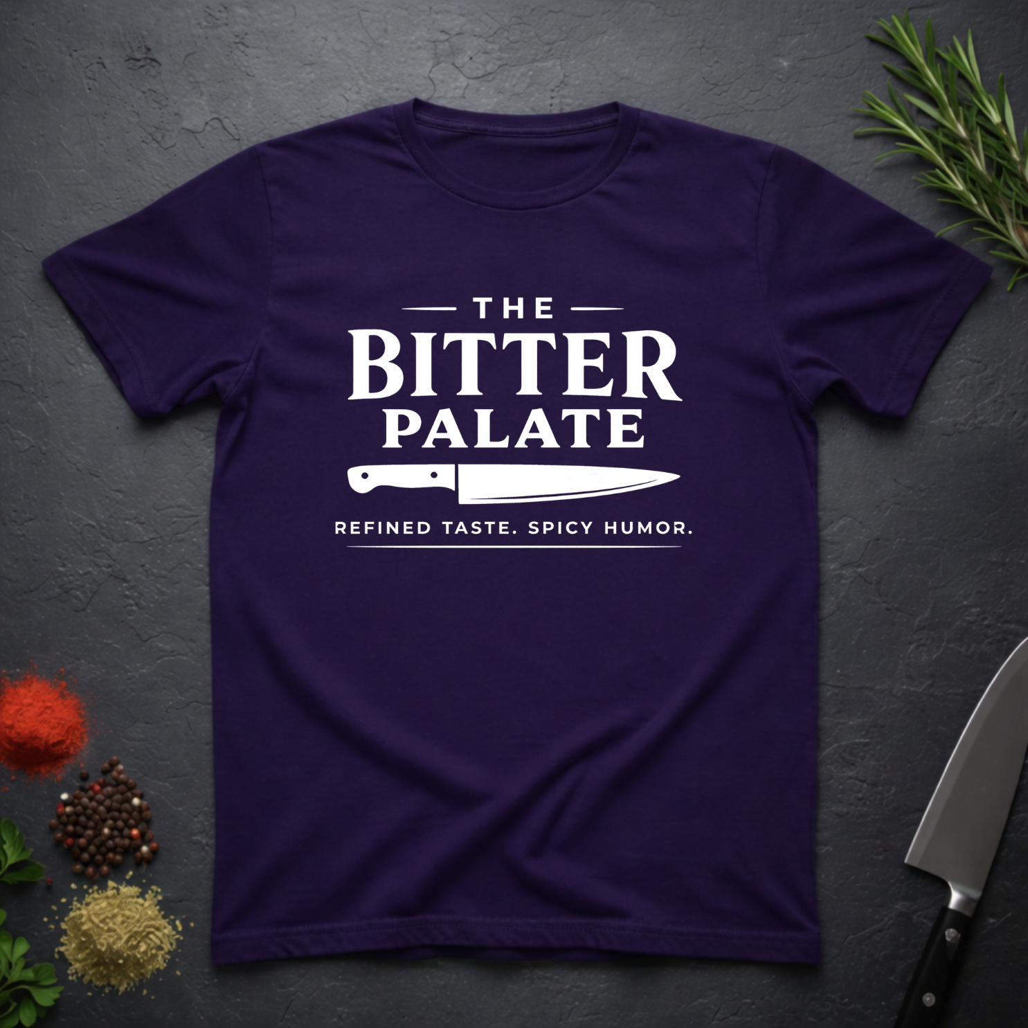 Deep purple t-shirt with 'The Bitter Palate' logo on a dark surface with kitchen items.