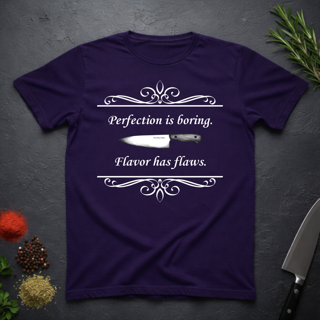 Amethyst purple t-shirt with a knife graphic and text "Perfection is boring. Flavor has flaws." On a dark surface. 