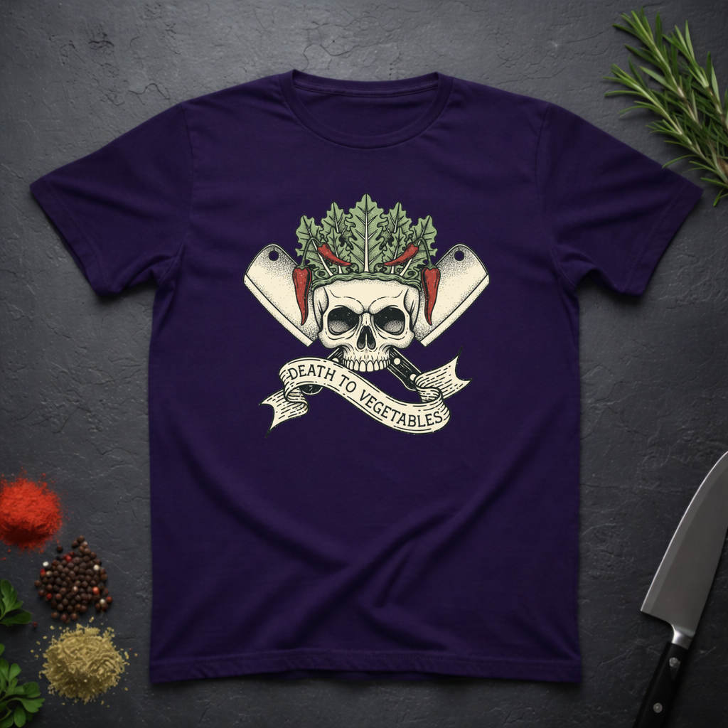 Amethyst purple t-shirt with skull and crossed knives with vegetables design with text "Death To Vegetable" on a dark surface.