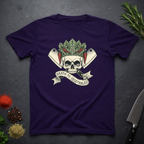 Amethyst purple t-shirt with skull and crossed knives with vegetables design with text "Death To Vegetable" on a dark surface.