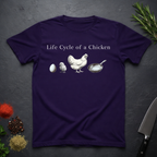 Amethyst purple t-shirt with text 'Life Cycle of a Chicken' and graphic of an egg, chick, hen, frying pan on a dark surface.