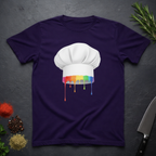Amethyst purple t-shirt with a chef's hat graphic featuring dripping rainbow colors on a dark surface.