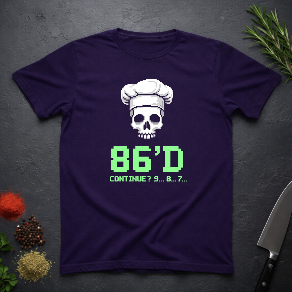 Amethyst Purple t-shirt with a skull wearing a chef's hat and text "86'd Continue? 9...8....7..." on a dark surface.