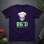 Amethyst Purple t-shirt with a skull wearing a chef's hat and text "86'd Continue? 9...8....7..." on a dark surface.
