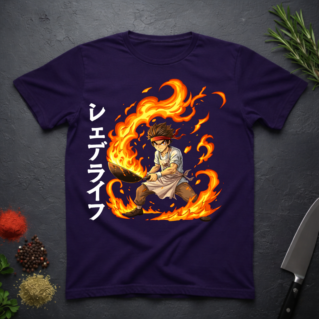 Amethyst Purple t-shirt with a graphic design of an anime character holding wok in flames with Japanese characters on a dark surface.