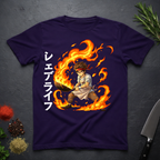 Amethyst Purple t-shirt with a graphic design of an anime character holding wok in flames with Japanese characters on a dark surface.