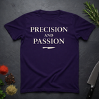 Amethyst Purple t-shirt with 'PRECISION AND PASSION' text on a dark surface with kitchen items.
