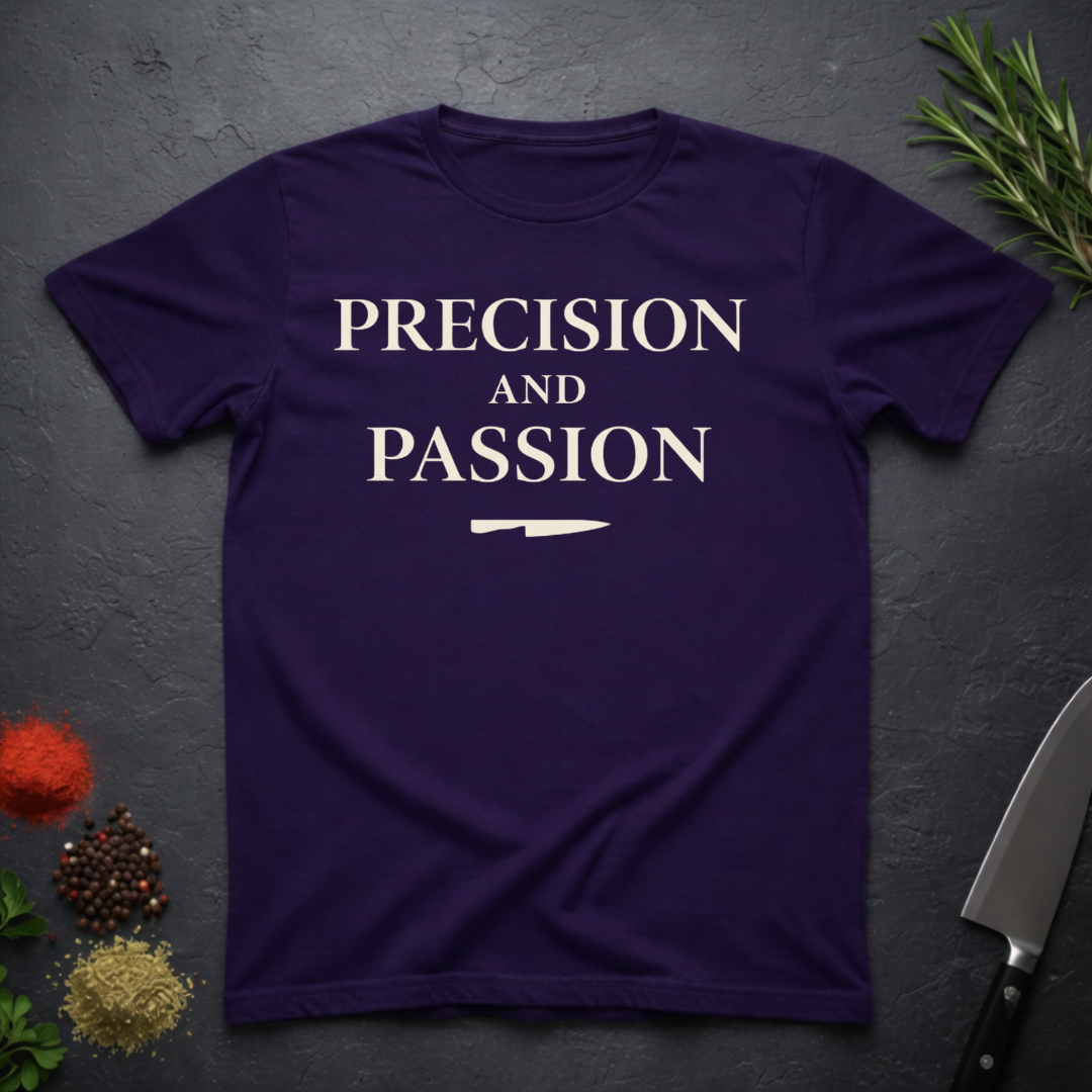 Amethyst Purple t-shirt with 'PRECISION AND PASSION' text on a dark surface with kitchen items.