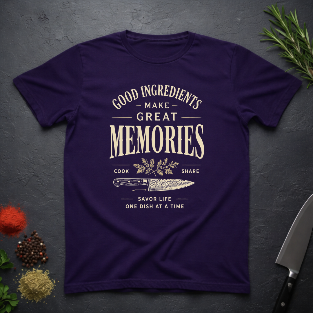 Amethyst purple t-shirt with text "Good Ingredients Make great Memories" in an off-white bold font from the Bitter Palate brand.