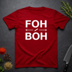 Antique Cherry Red t-shirt with 'FOH / BOH' text on a dark surface
