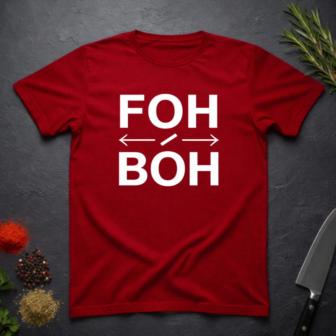 Antique Cherry Red t-shirt with 'FOH / BOH' text on a dark surface