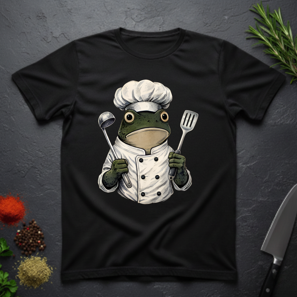 Black t-shirt with a frog chef holding utensils design on a dark surface.