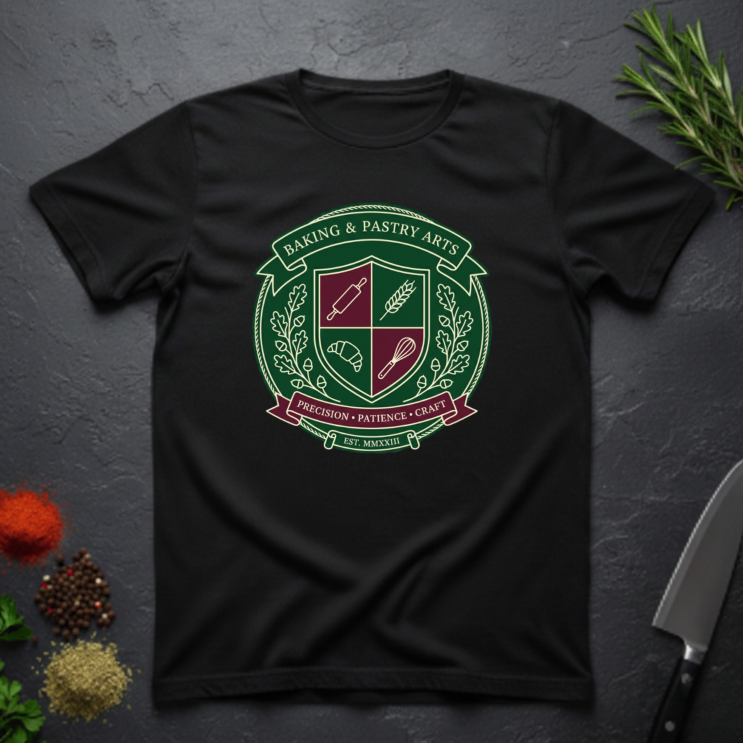Black t-shirt with a crest design for baking and pastry arts on a dark surface with kitchen items.