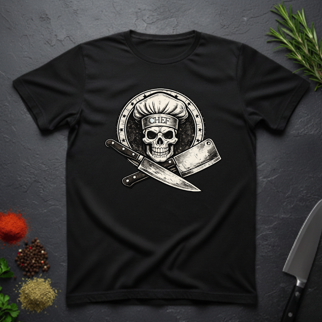 Black t-shirt with skull in chef hat with crossed knifes graphic on a dark surface.