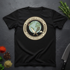 Blake t-shirt with circular graphic of a globe and text "A Chef Blends All Cultures" on a dark surface.