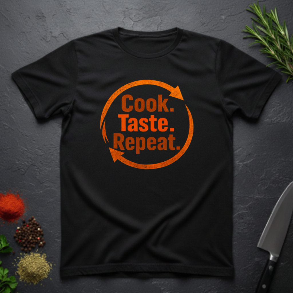 Black t-shirt with bold text 'Cook. Taste. Repeat.' text inside of a large repeat symbol on a dark surface.