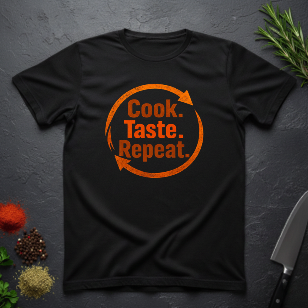 Black t-shirt with bold text 'Cook. Taste. Repeat.' text inside of a large repeat symbol on a dark surface.