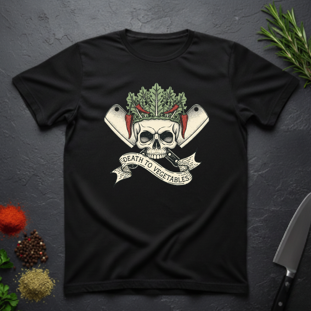 Black t-shirt with skull and crossed knives with vegetables design with text "Death To Vegetable" on a dark surface.