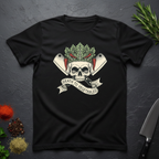 Black t-shirt with skull and crossed knives with vegetables design with text "Death To Vegetable" on a dark surface.