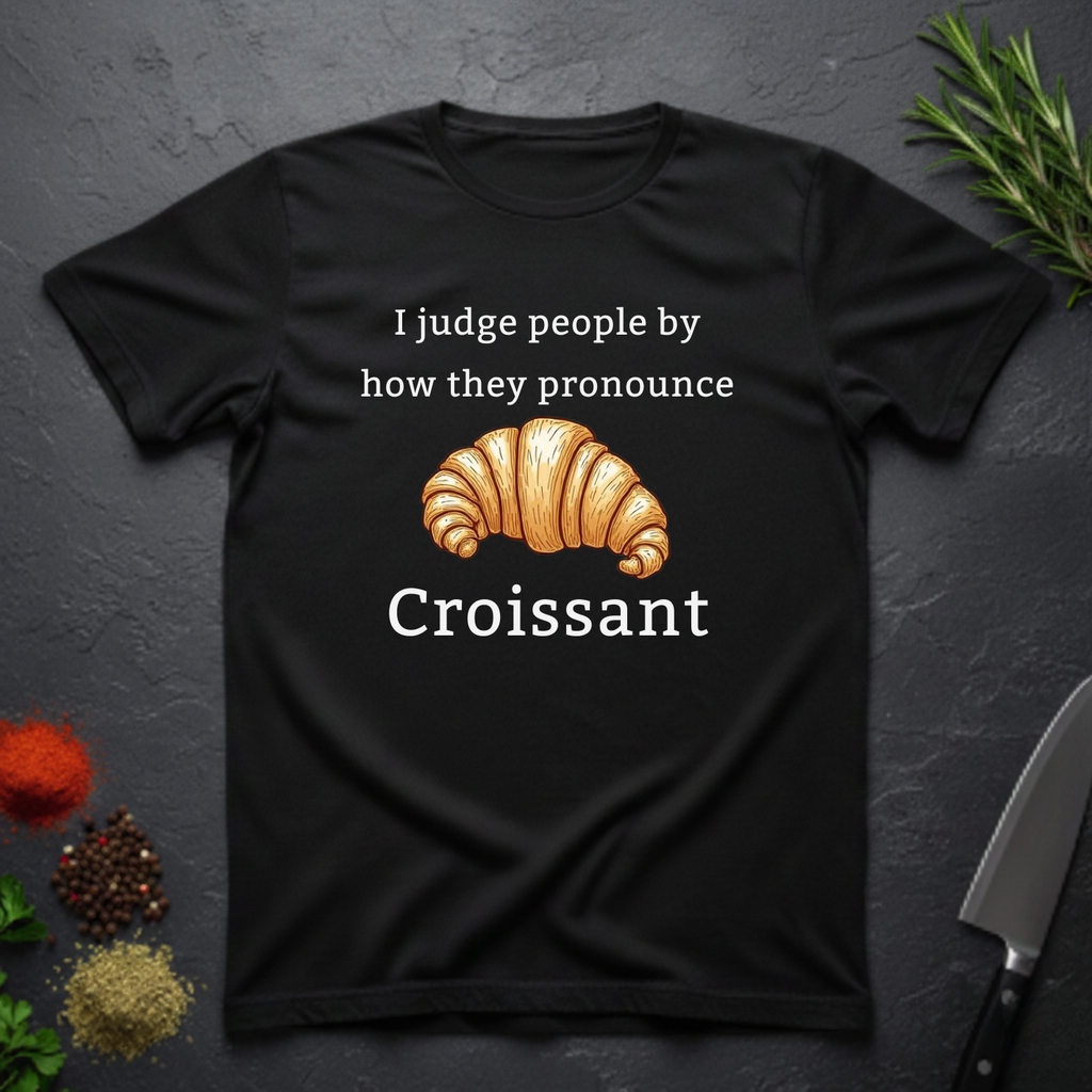 Black t-shirt with a croissant graphic and text "I judge people by ho they pronounce Croissant" on a dark surface.