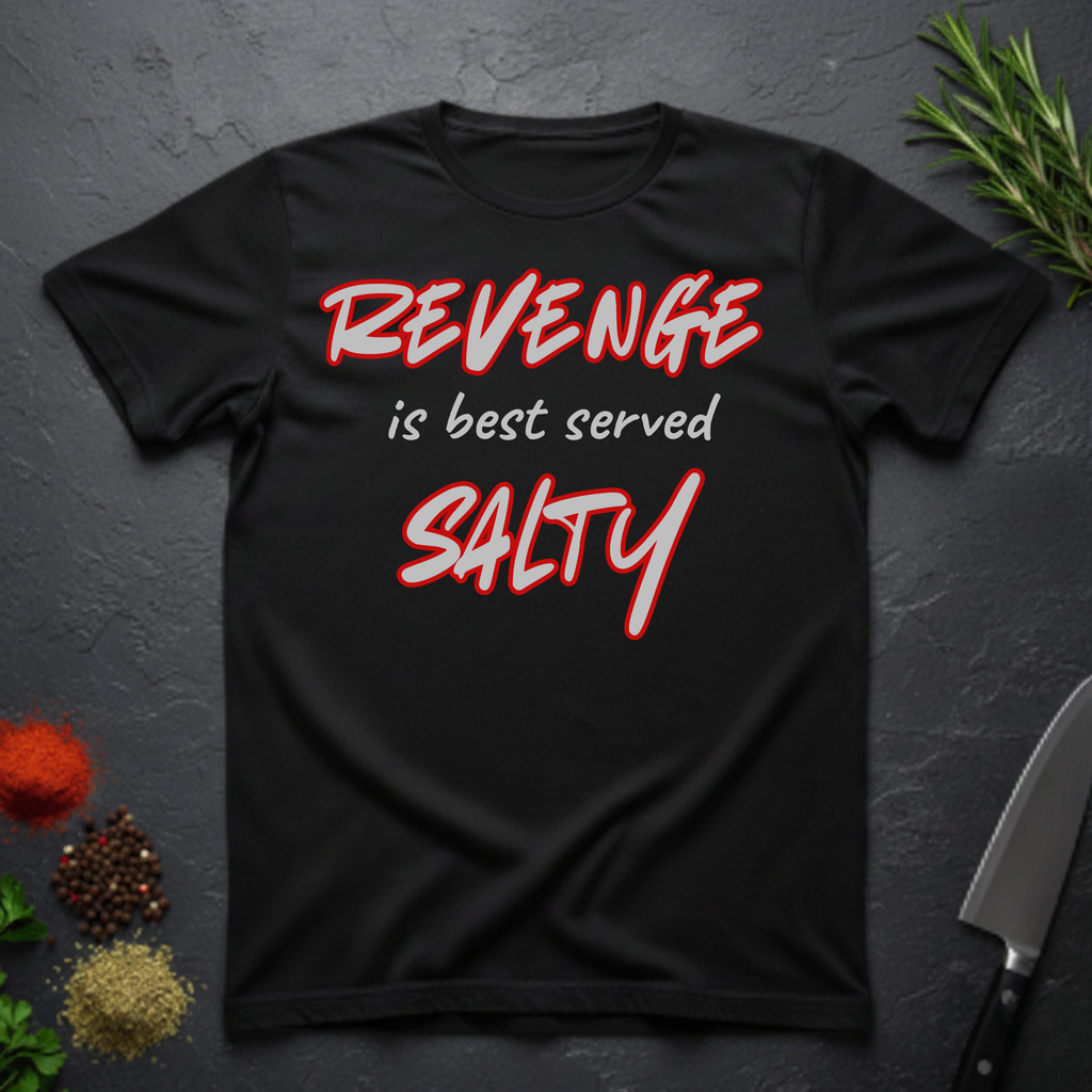 Black t-shirt with 'REVENGE is best served SALTY' text on a dark surface.