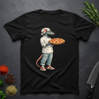 Black t-shirt with a graphic of a city rat in a chef's outfit holding a pizza on a dark surface.