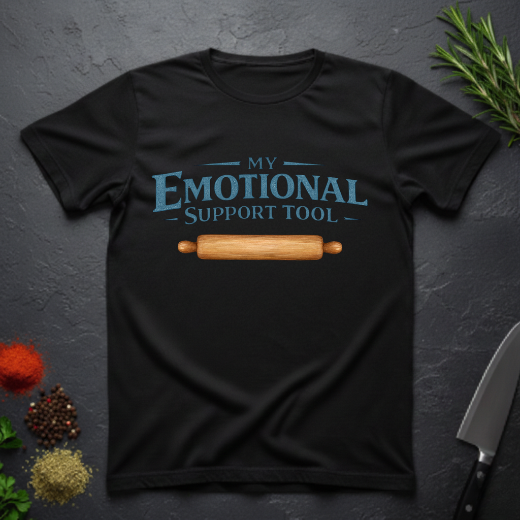 Black t-shirt with 'My Emotional Support Tool' text and rolling pin graphic on a dark surface.