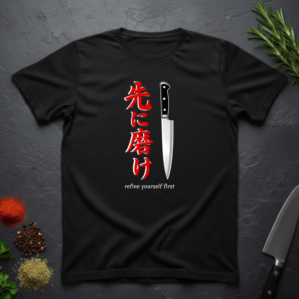 Black t-shirt with a knife graphic and Japanese text "refine yourself first" on a dark surface.