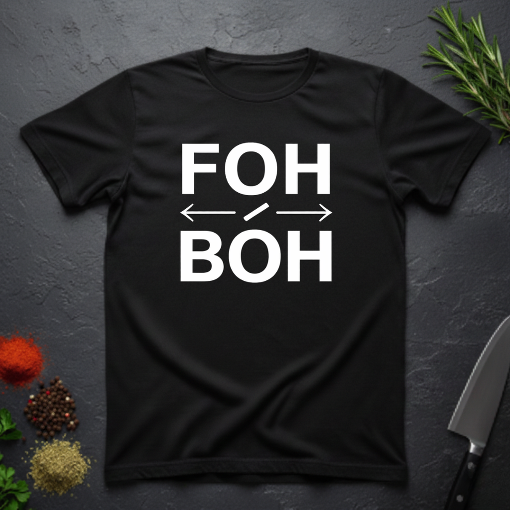 Black t-shirt with 'FOH / BOH' text on a dark surface with decorative elements.