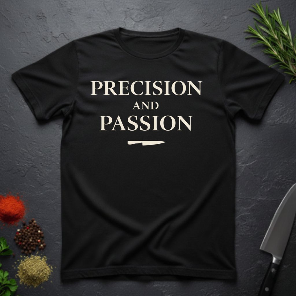 Black t-shirt with 'PRECISION AND PASSION' text on a dark surface with kitchen items.