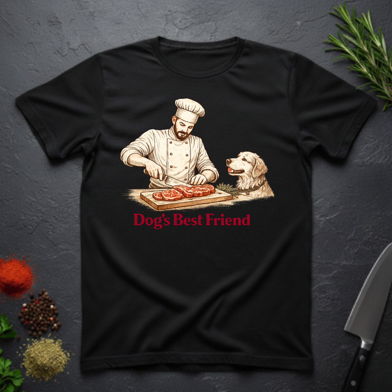 Black t-shirt with a graphic of a chef and dog preparing food, text 'Dog's Best Friend', on a dark surface.