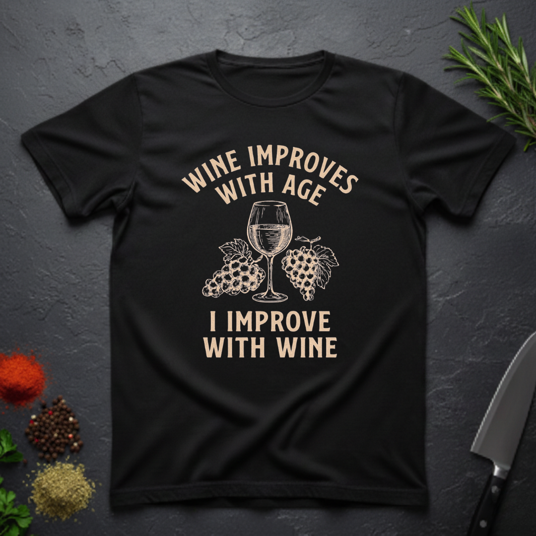 Black t-shirt with text "Wine Improves With Age. I Improve With Wine" in an off-white bold font. Image of wine glass and grape bunches separate text. From the Bitter Palate brand.