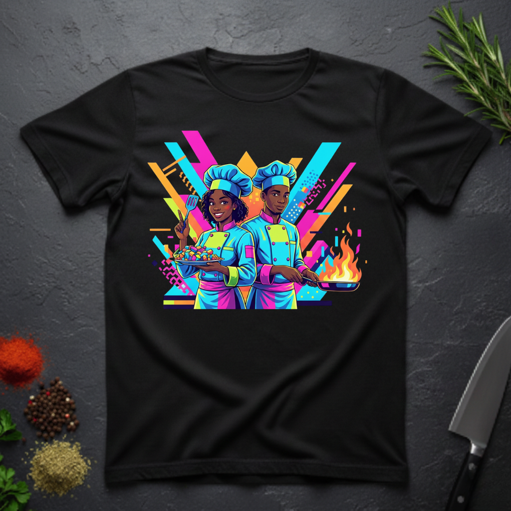 Black t-shirt with neon 90s retro illustration of two African American chefs cooking against a vibrant, geometric background, on a dark surface.