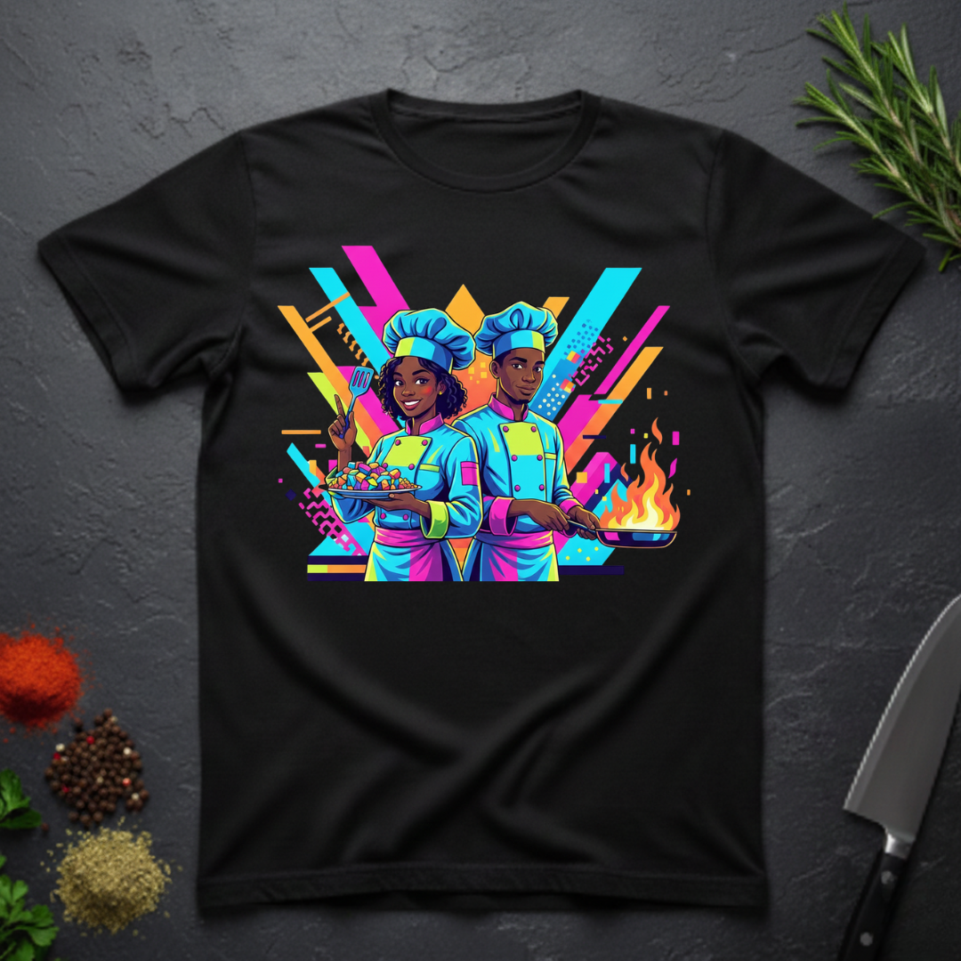 Black t-shirt with neon 90s retro illustration of two African American chefs cooking against a vibrant, geometric background, on a dark surface.