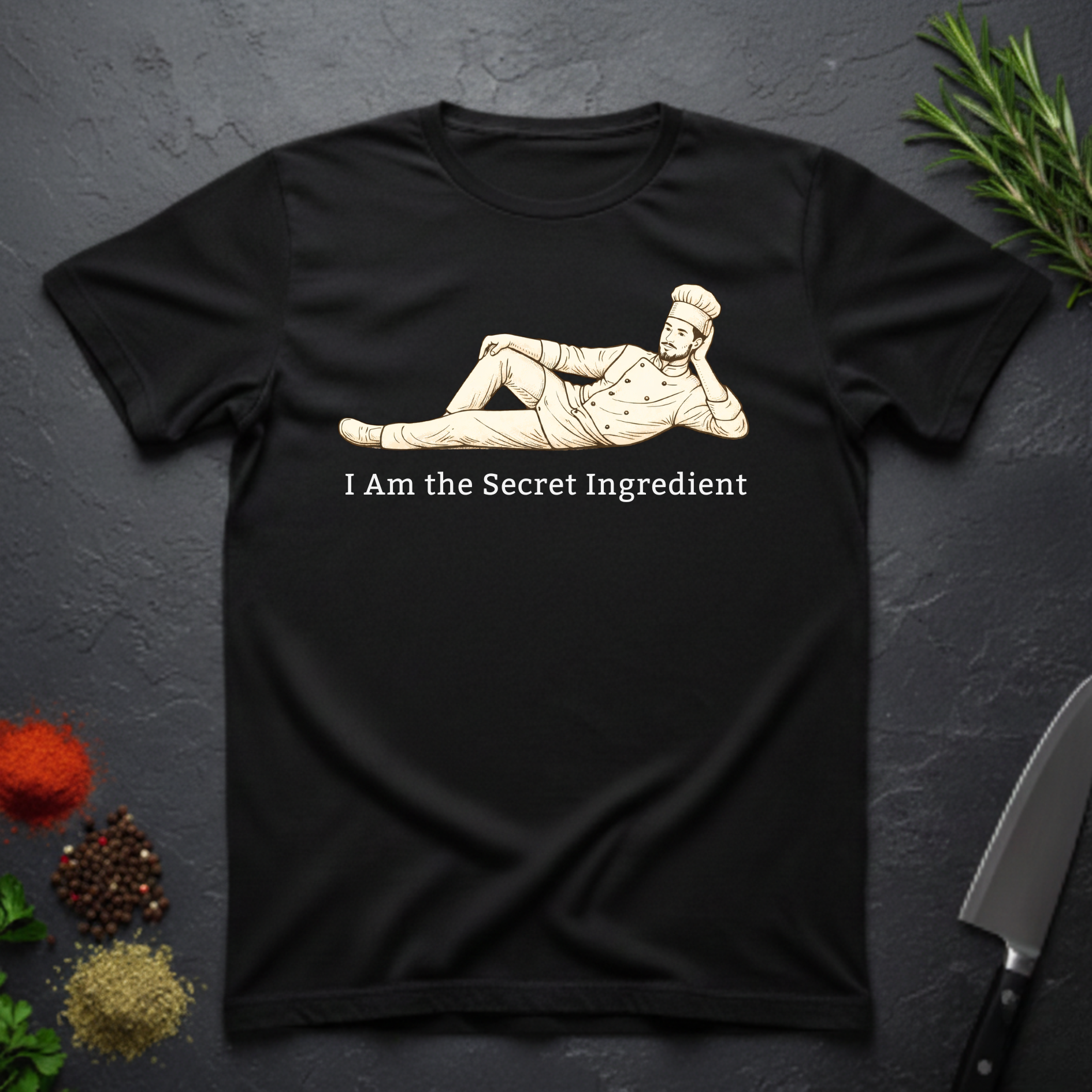 Black t-shirt with a graphic of a chef lying on his side and text 'I Am the Secret Ingredient' on a dark surface with kitchen items.