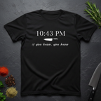 Black t-shirt with knife graphic and text "10:43 PM - if you know, you know" on a dark surface.