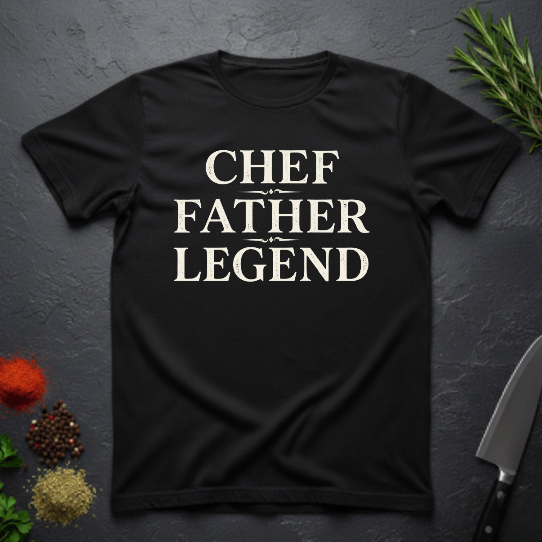 Black t-shirt with 'CHEF FATHER LEGEND' text on a dark surface with kitchen items.