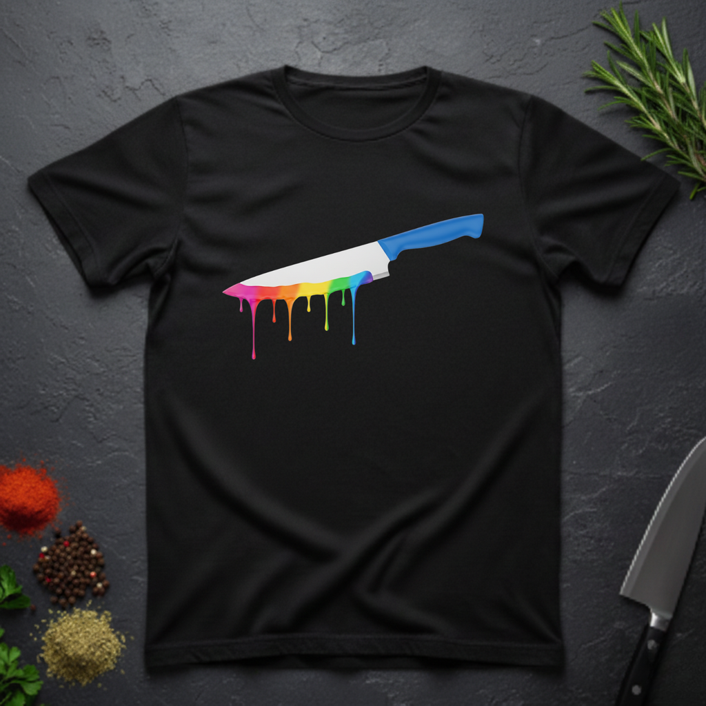 Black t-shirt with a chef's knife with rainbow colored drip design on a dark surface.
