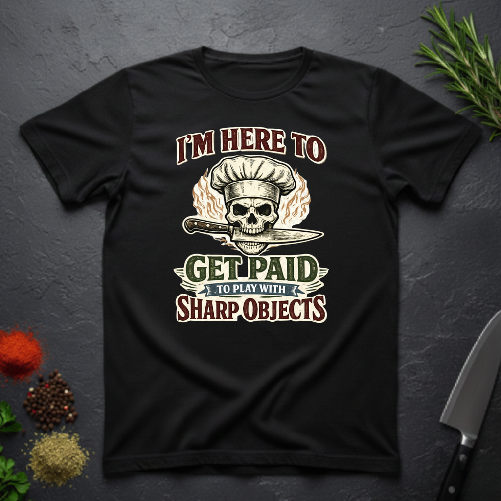 Black t-shirt with skull and knife graphic and text "I'm Here to Get Paid the Play with Sharp objects" on a dark surface