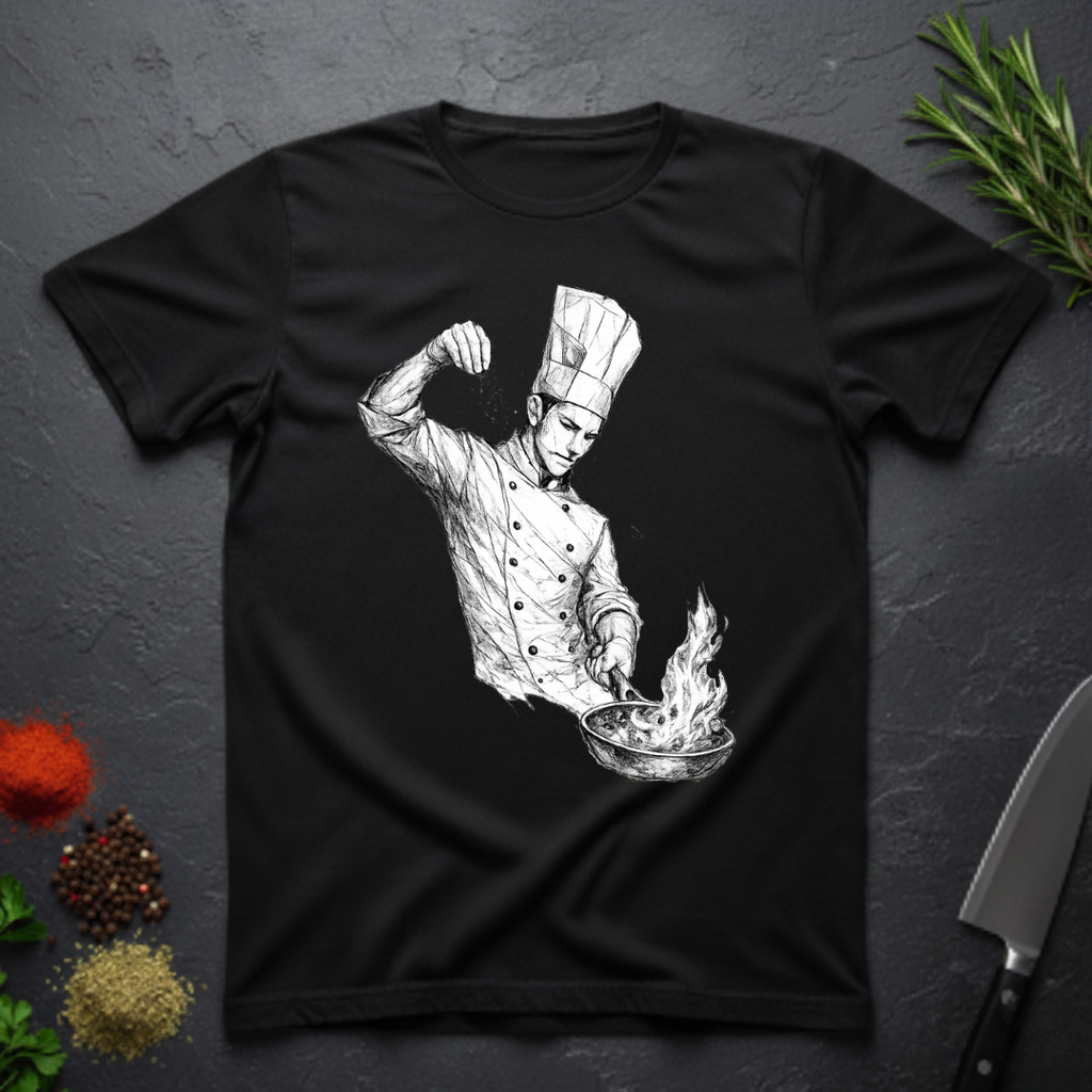 Black t-shirt with a artistic graphic of a chef sprinkling salt into a pan with fire on a dark surface with kitchen items.