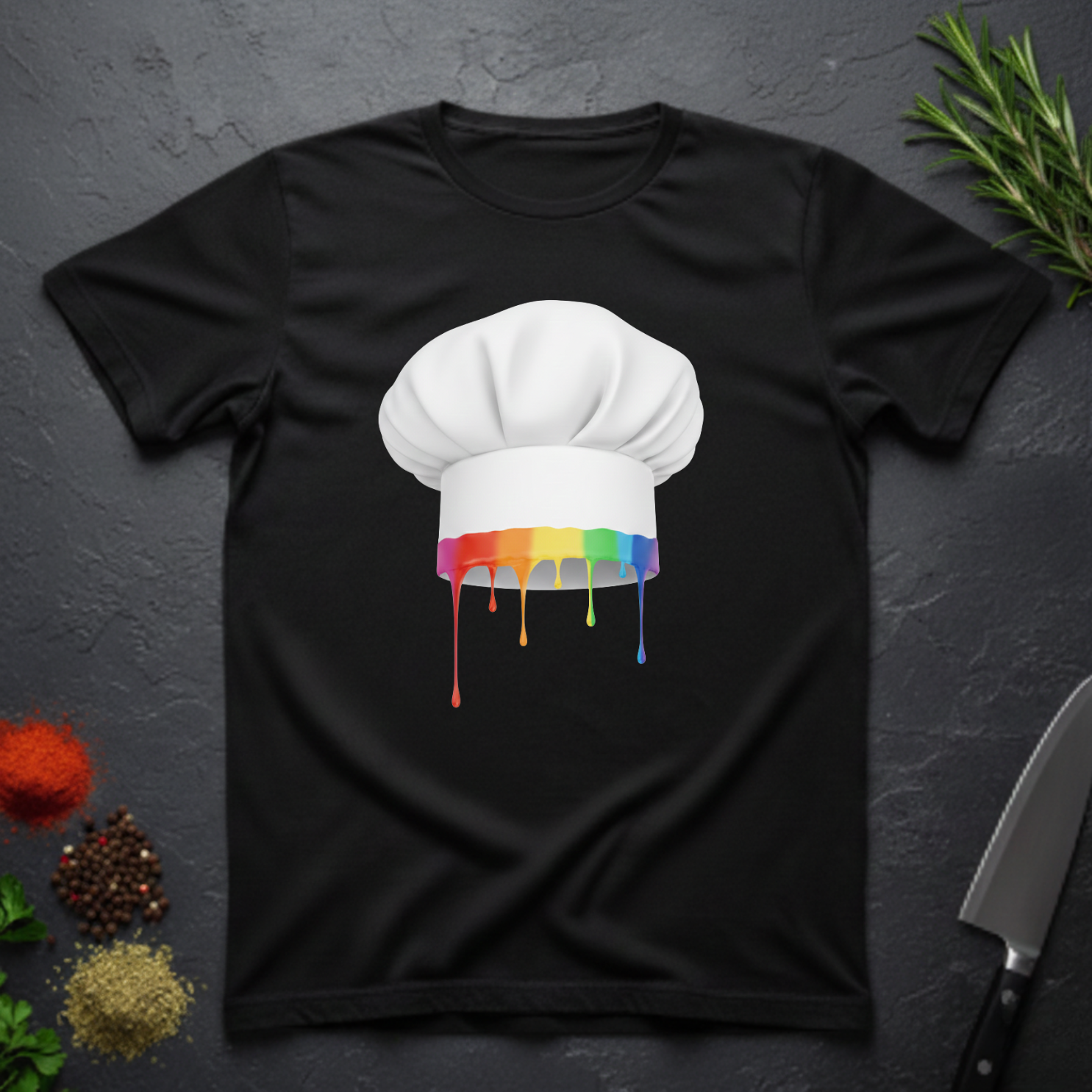 Black t-shirt with a chef's hat graphic featuring dripping rainbow colors on a dark surface.