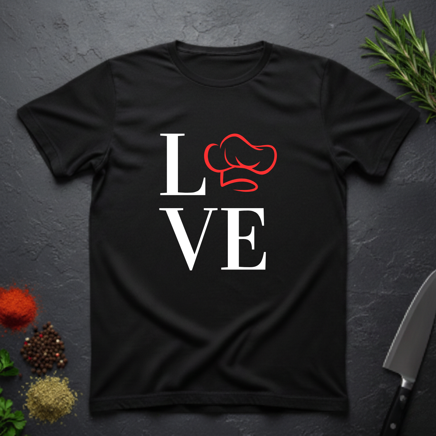 Black t-shirt with 'LOVE' design featuring a chef's hat as the letter O on a dark surface.