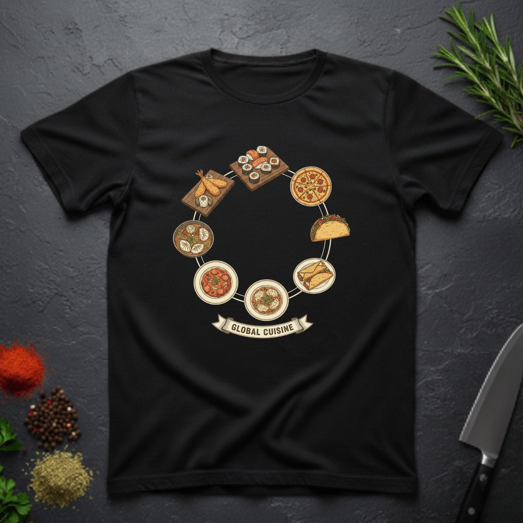 Black t-shirt with circular 'Global Cuisine' graphic design on a dark surface.
