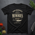 Black t-shirt with text "Good Ingredients Make great Memories" in an off-white bold font from the Bitter Palate brand.